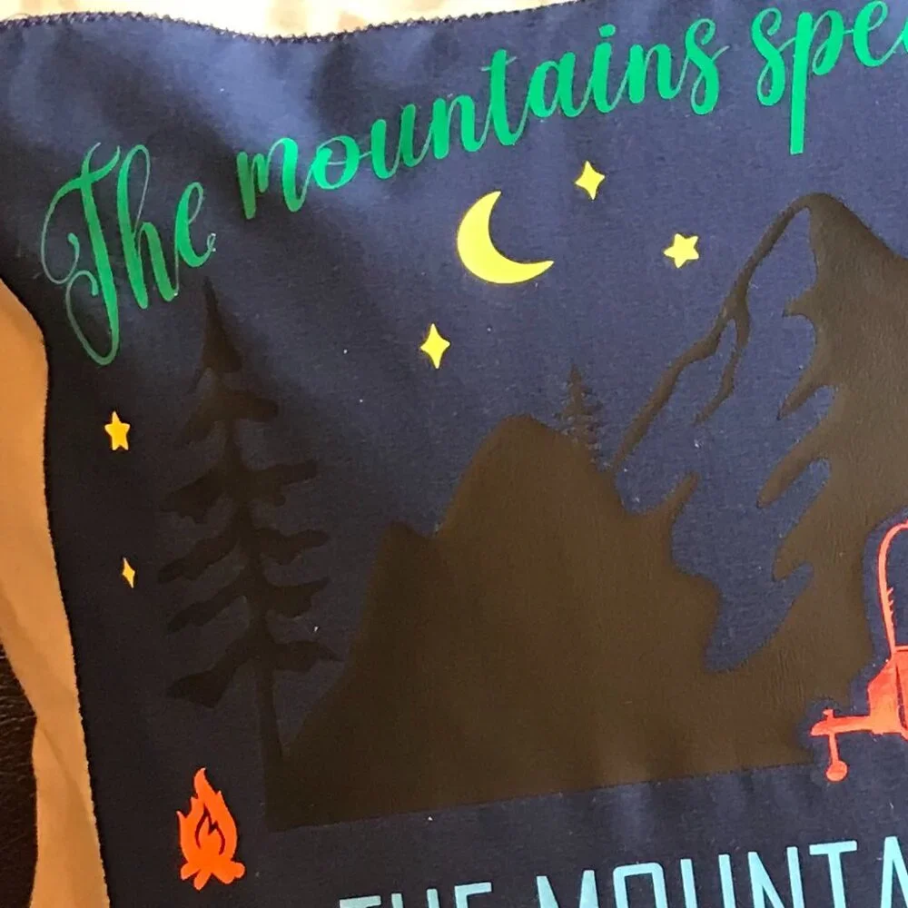 Mountain Camping Pillow Cover, Handmade Vintage Camper Cabin Decor 18 x 18 in.